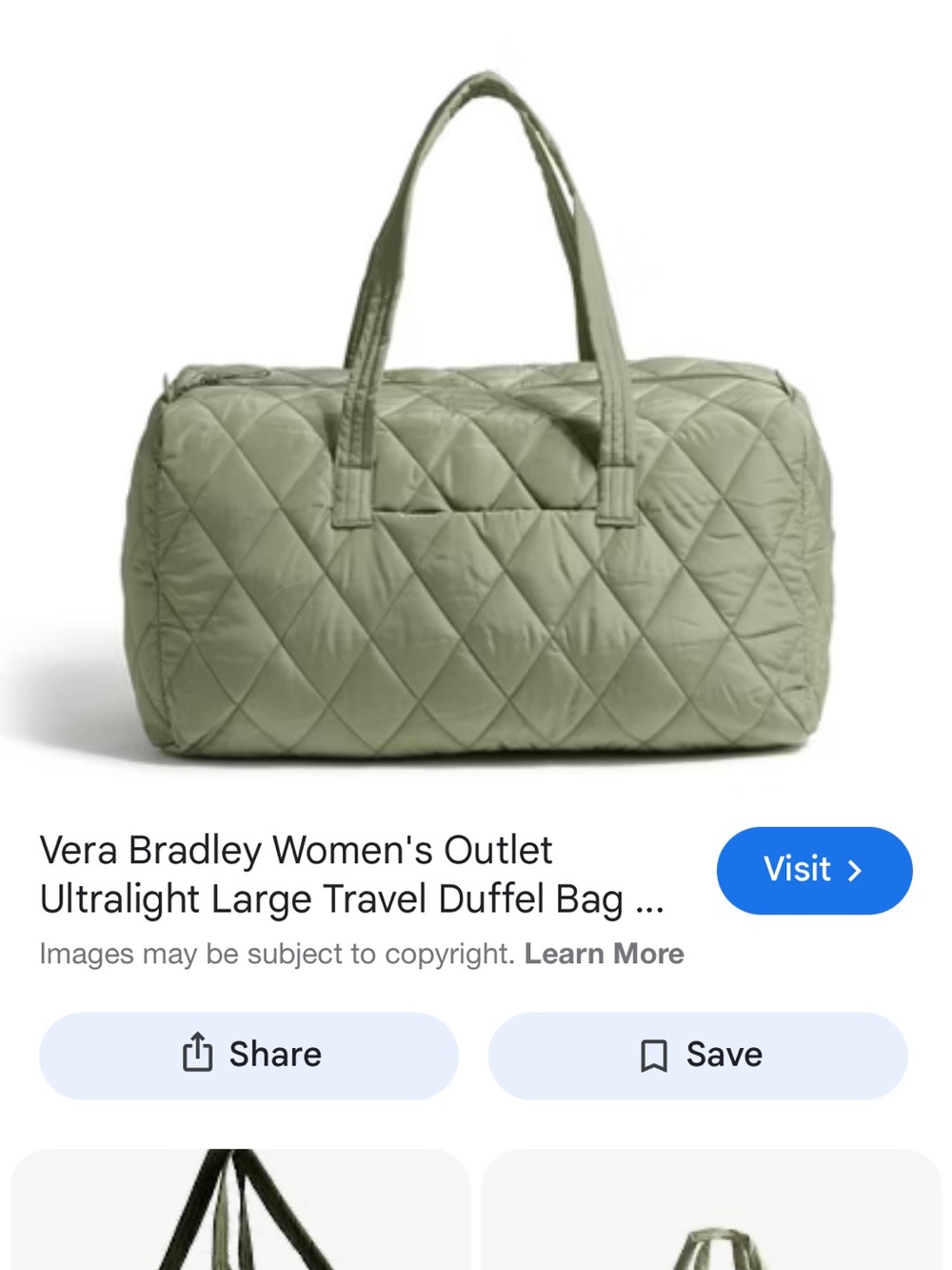 Vera Bradley Quilted Olive Green Travel Duffel Bag - Picture 3 of 3